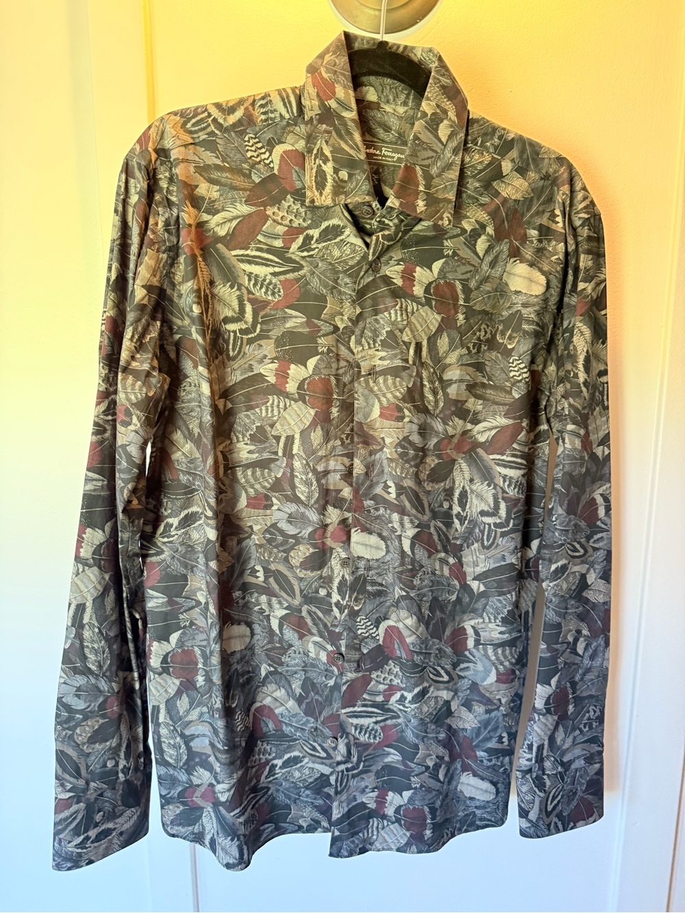 Salvatore Ferragamo Feather-Print Shirt in Black, Gray & Burgundy